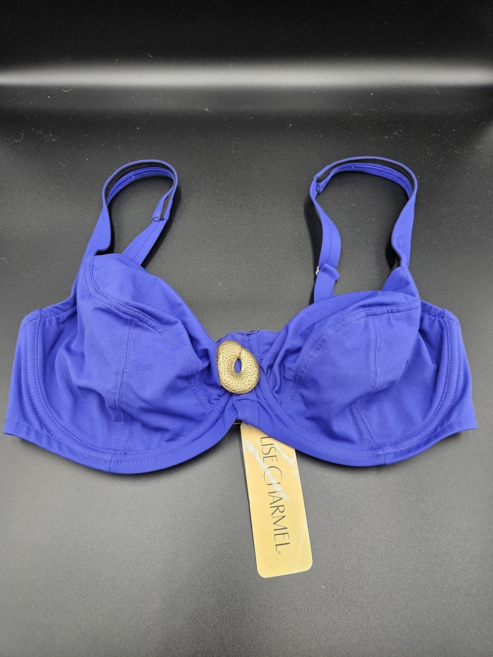 Lise Charmel Blue Underwire Bikini Top Gold Hardware 32F NWT Luxury Swim